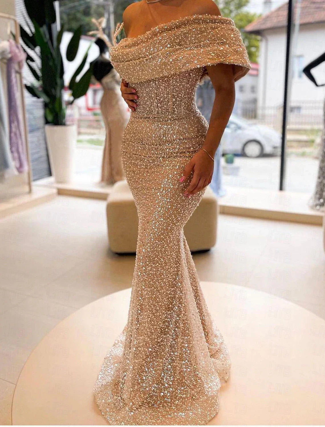 Mermaid / Trumpet Evening Gown Elegant Dress Formal Floor Length Sleeveless Off Shoulder Sequined with Sequin Tunics Polka dots Mermaid / Trumpet Evening Gown Elegant Dress Formal Floor Length Sleeveless Off Shoulder Sequined with Sequin Tunics Polka dots