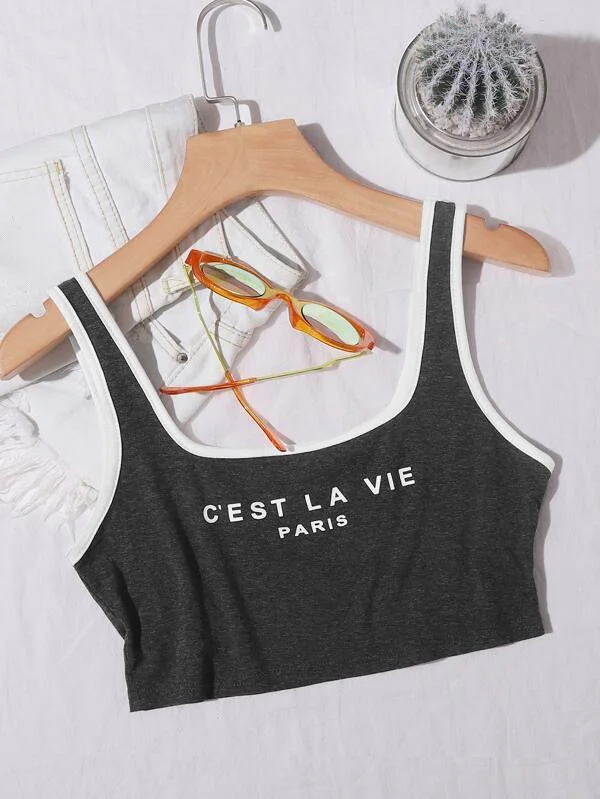 Contrast Binding Letter Graphic Crop Tank Top soft tank top