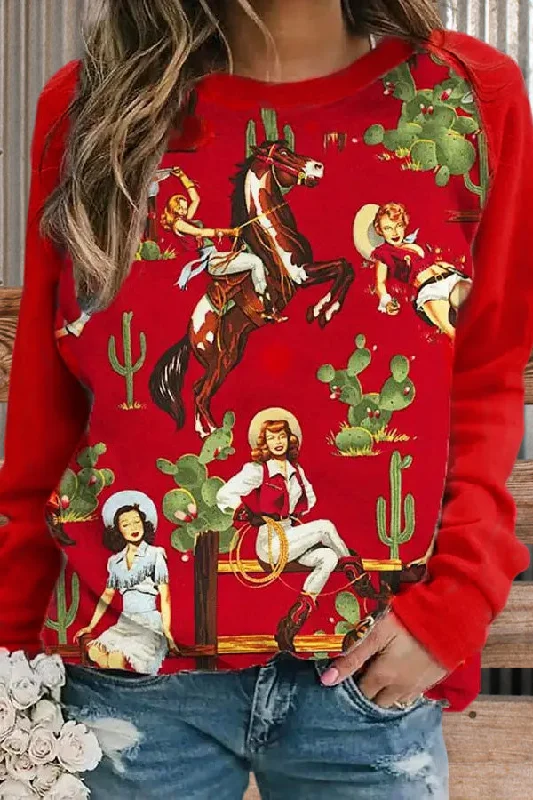 Retro Western Pattern Sweatshirt Hoodie with Hem Detail Decorative Unique