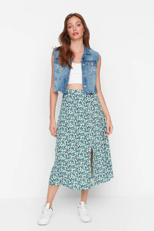 Green Midi Woven Slit Detailed Viscose Fabric Floral Patterned Skirt TWOSS20ET0230 leather skirt sleek Green Midi Woven Slit Detailed Viscose Fabric Floral Patterned Skirt TWOSS20ET0230 leather skirt sleek