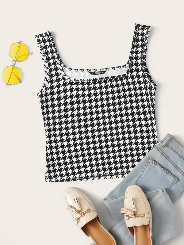 Houndstooth Print Tank Top beige tank top