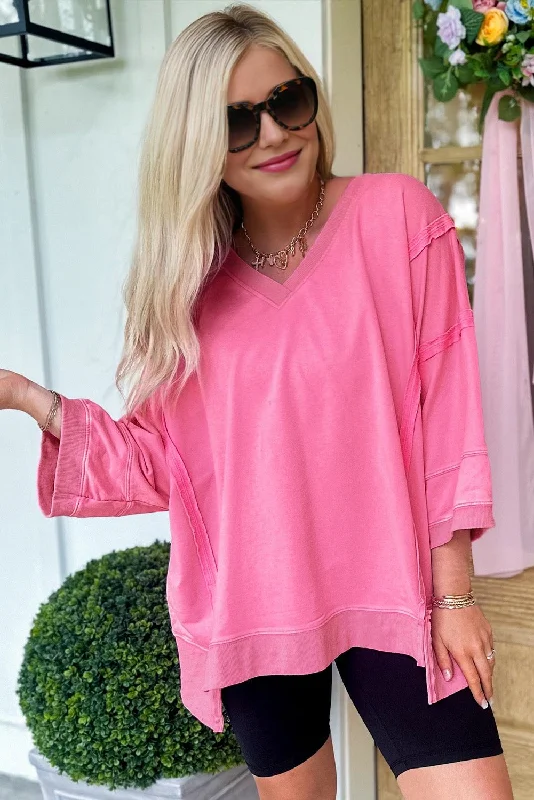Oversized Sweatshirt - Bright Pink Hoodie with High Neck Warm Protective