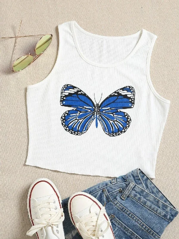 Butterfly Print Ribbed Tank Top silver tank top