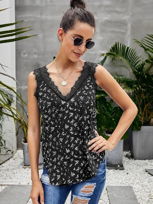 Ditsy Floral Print Lace Panel Tank Top charcoal tank top