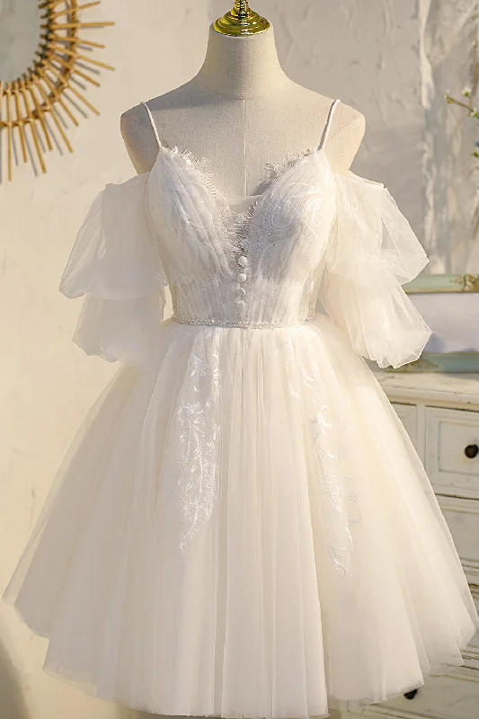 Spaghetti Straps Champagne V Neck Lace Tulle Princess Homecoming Dresses Tunics Trendy modern