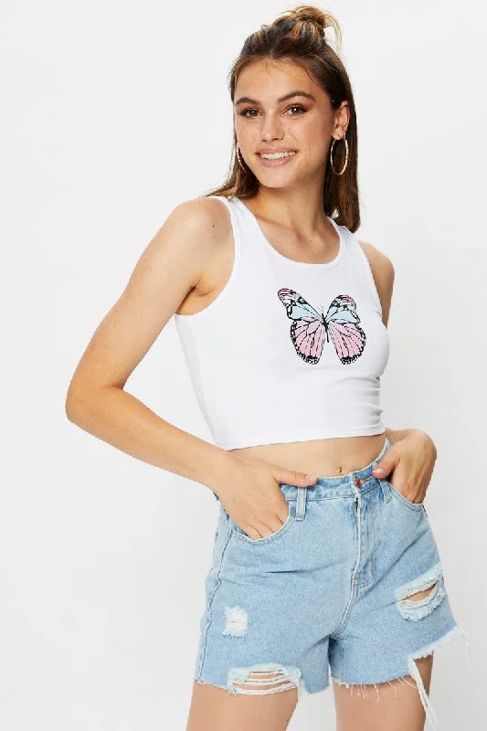 White Jersey Butterfly Graphic Print Tank Top flowy tank top