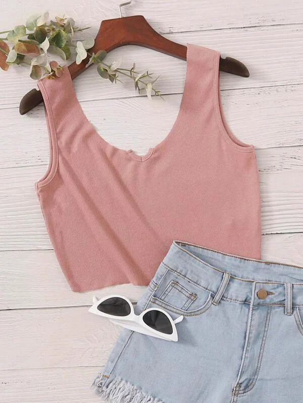 Notched Neck Rib-knit Tank Top flirty tank top