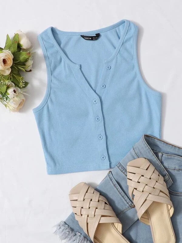 Button Up Rib-knit Crop Tank Top relaxed fit tank