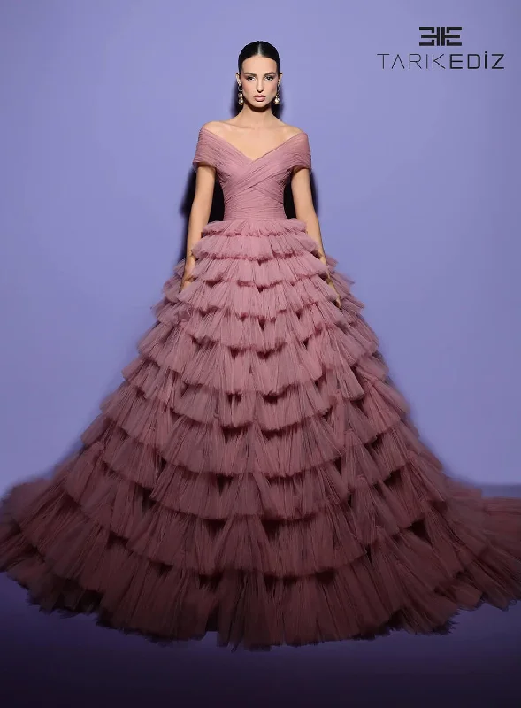 Tarik Ediz 98474 Glitter Tulle Fabric V-Neck Neckline Ball Gowns Long Dress Tunics Solid Classic Tarik Ediz 98474 Glitter Tulle Fabric V-Neck Neckline Ball Gowns Long Dress Tunics Solid Classic