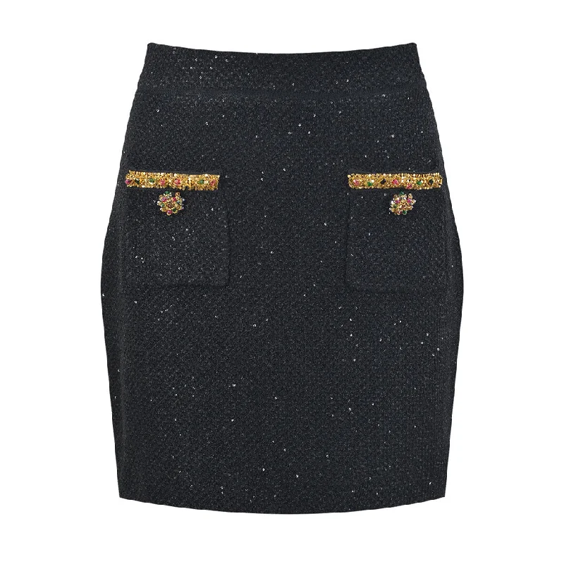 Opulent Crystal Trim High Waist Patch Pocket Bodycon Wool Knit Sequin Mini Skirt lace skirt romantic Opulent Crystal Trim High Waist Patch Pocket Bodycon Wool Knit Sequin Mini Skirt lace skirt romantic