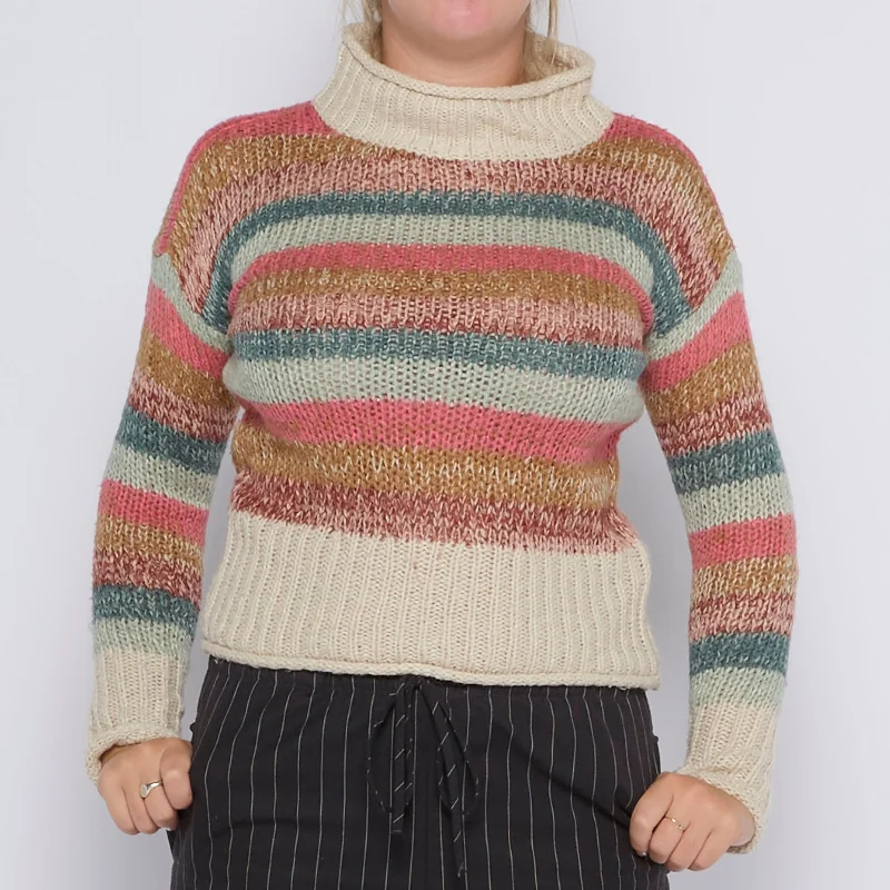 Chunky Stripe Knit Crewneck Sweater - UK 8 Nylon Fabric Polyester Fabric Spandex Fabric