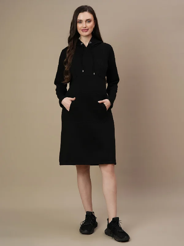Black Maternity Hoodie Dress - Winter Hoodie Jacket Zipper Layering