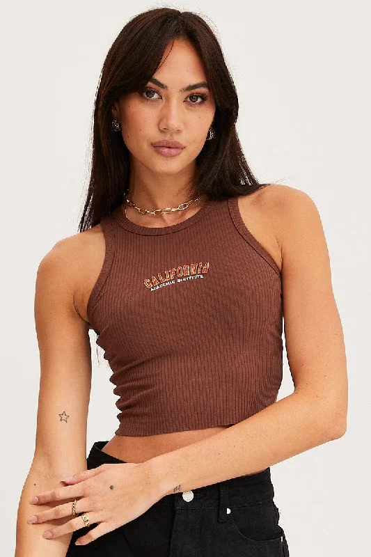 Brown Graphic Tank Embroided scoop neck tank