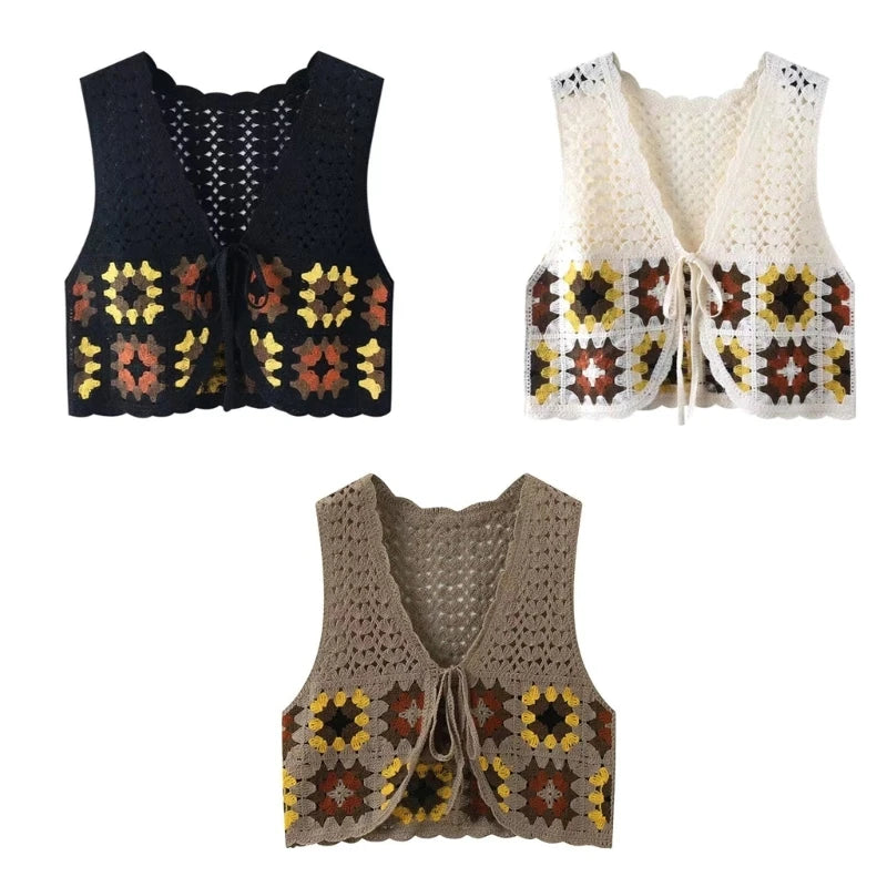Hollow Knit for Tank Top Vest Waistcoat Women Autumn Crochet Colorful Floral Lace-Up Bandage Sleeveless Cropped Dropship soft tank top Hollow Knit for Tank Top Vest Waistcoat Women Autumn Crochet Colorful Floral Lace-Up Bandage Sleeveless Cropped Dropship soft tank top