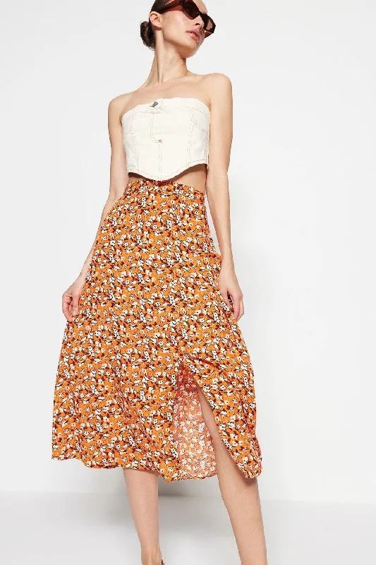 Orange Midi Woven Slit Detailed Viscose Fabric Floral Patterned Skirt TWOSS20ET0230 pencil skirt chic Orange Midi Woven Slit Detailed Viscose Fabric Floral Patterned Skirt TWOSS20ET0230 pencil skirt chic