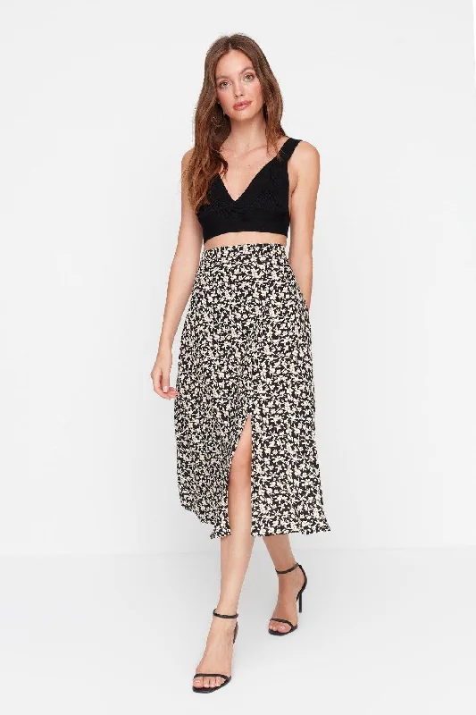 Black Midi Woven Slit Detailed Viscose Fabric Floral Patterned Skirt TWOSS20ET0230 floral skirt print Black Midi Woven Slit Detailed Viscose Fabric Floral Patterned Skirt TWOSS20ET0230 floral skirt print