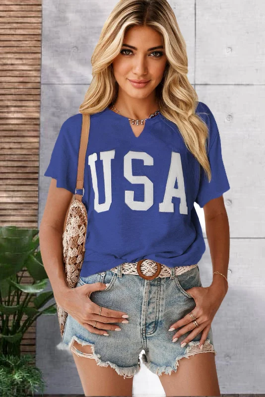 Short Sleeve USA Sweatshirt - Blue Hoodie with Hem Lace Feminine Delicate