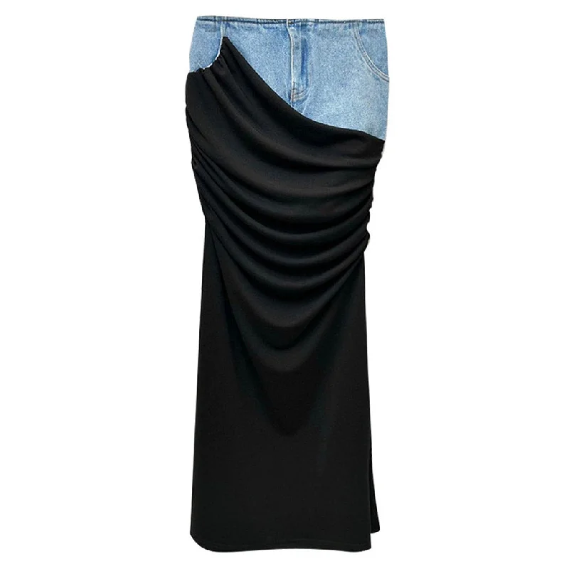 Asymmetric Denim Panel High Waist Draped Maxi Column Skirt ribbed skirt waist
