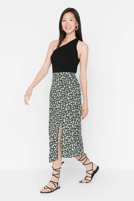 Khaki Midi Woven Slit Detailed Viscose Fabric Floral Patterned Skirt TWOSS20ET0230 spandex blend skirt Khaki Midi Woven Slit Detailed Viscose Fabric Floral Patterned Skirt TWOSS20ET0230 spandex blend skirt