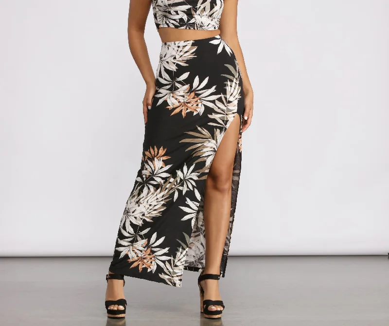 Tropical Palm Leaf High Slit Maxi Skirt velvet skirt rich