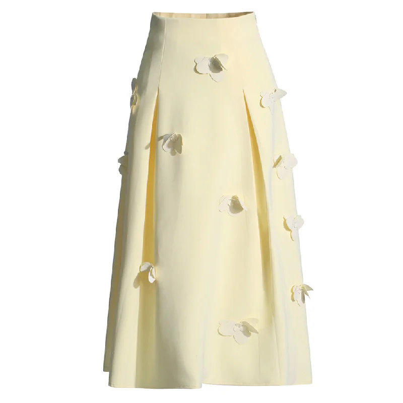Pretty 3D Petal Applique High Waist Pleated Trim A Line Midi Skirt chiffon skirt lightweight Pretty 3D Petal Applique High Waist Pleated Trim A Line Midi Skirt chiffon skirt lightweight