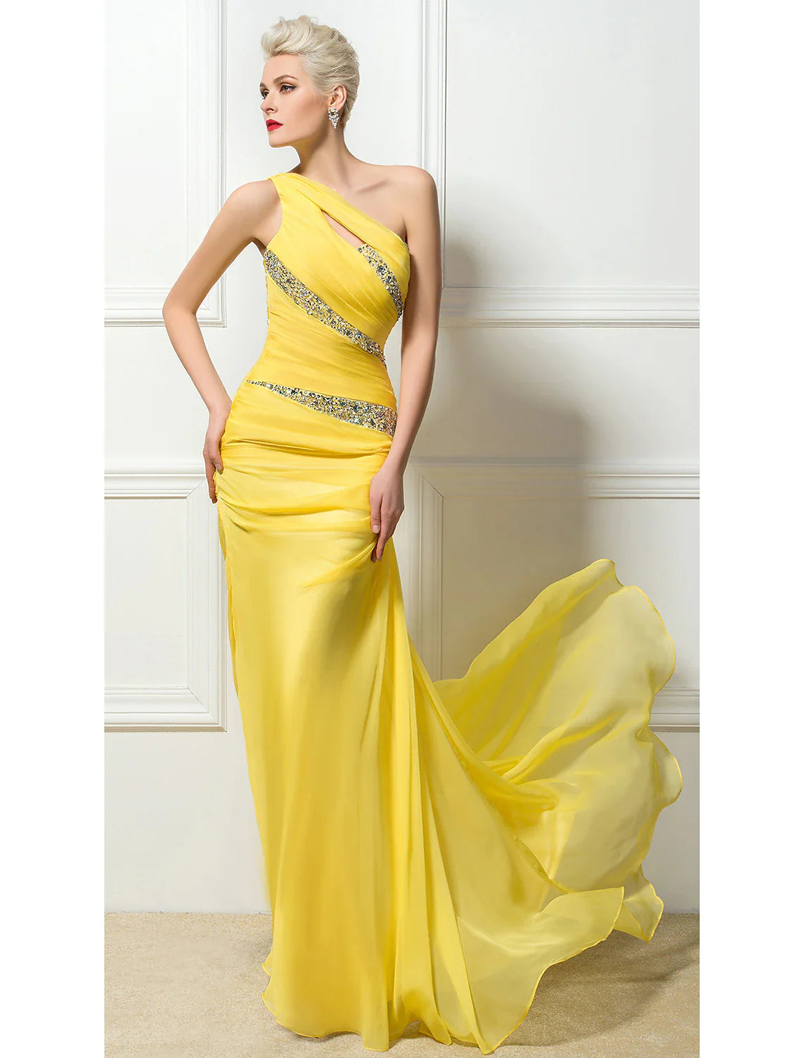 Sheath / Column Sexy Engagement Formal Evening Dress One Shoulder Backless Sleeveless Sweep / Brush Train 30D Chiffon with Ruched Crystals Sequin Tunics Polka dots Sheath / Column Sexy Engagement Formal Evening Dress One Shoulder Backless Sleeveless Sweep / Brush Train 30D Chiffon with Ruched Crystals Sequin Tunics Polka dots