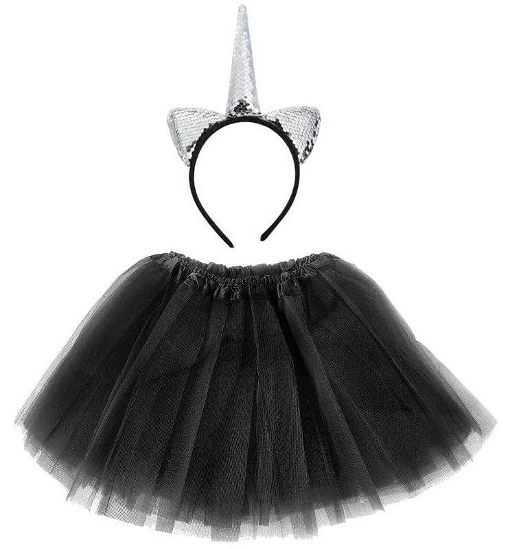Ladies 3 Layer Tutu Skirt with Silver Sequin Unicorn headband Halloween Zombie C lace skirt romantic Ladies 3 Layer Tutu Skirt with Silver Sequin Unicorn headband Halloween Zombie C lace skirt romantic