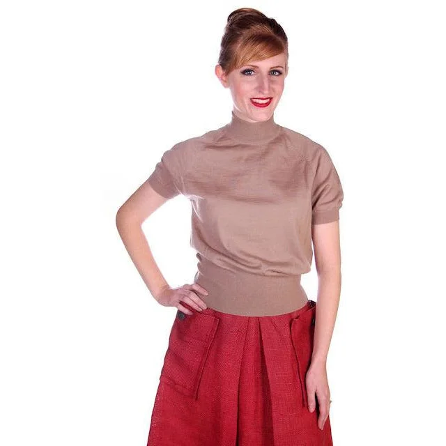 Vintage Gino Paoli Tan Wool Sweater Short Sleeves Wide Waist Band 1940s Italy M Hooded Caped Shawl Collar Vintage Gino Paoli Tan Wool Sweater Short Sleeves Wide Waist Band 1940s Italy M Hooded Caped Shawl Collar