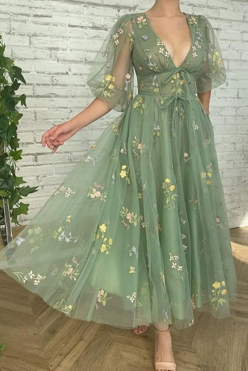 Green V Neck Short Sleeves Ankle Length Floral Tulle Short Prom Dresses Tunics Velvet soft Green V Neck Short Sleeves Ankle Length Floral Tulle Short Prom Dresses Tunics Velvet soft