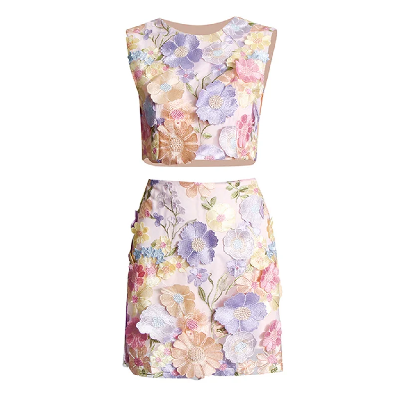 Sweet Floral Embroidery Applique Sleeveless High Waist Skirt Matching Set cotton skirt soft Sweet Floral Embroidery Applique Sleeveless High Waist Skirt Matching Set cotton skirt soft