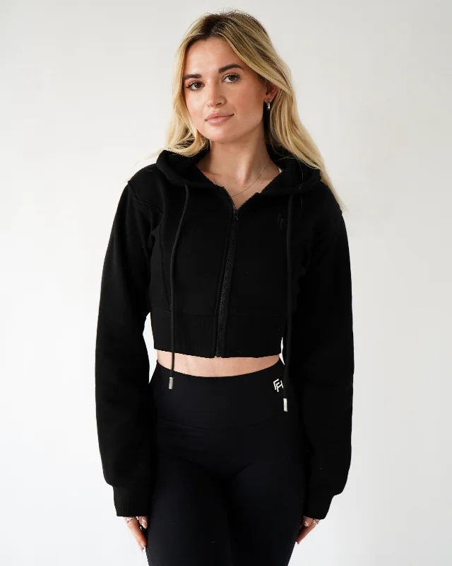 Lounge Cropped Zip-Up Hoodie - Black Hoodie with Rhinestones Sparkly Elegant