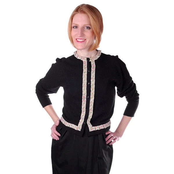 Vintage Cashmere Sweater Black w/Embroidered Ribbon Trim 1950S Toggled Drawstring Belted Vintage Cashmere Sweater Black w/Embroidered Ribbon Trim 1950S Toggled Drawstring Belted