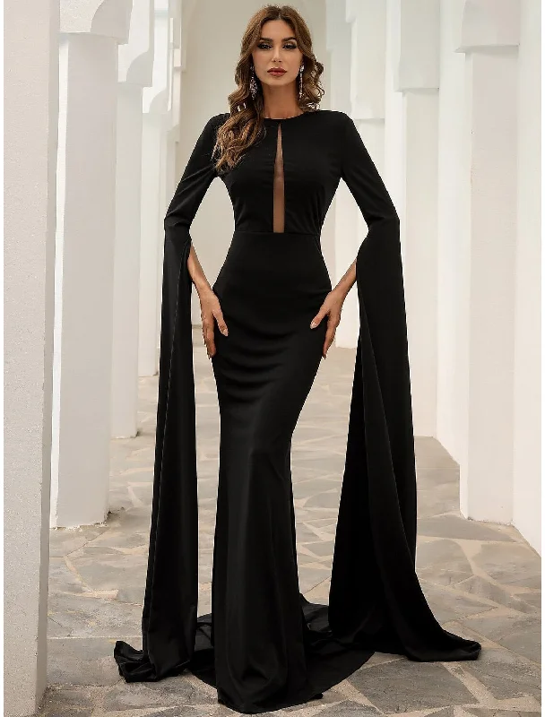 Black Mermaid / Trumpet Evening Gown Elegant Dress Formal Fall Court Train Long Sleeve Jewel Neck Stretch Fabric with Pleats Tunics Summer linen Black Mermaid / Trumpet Evening Gown Elegant Dress Formal Fall Court Train Long Sleeve Jewel Neck Stretch Fabric with Pleats Tunics Summer linen