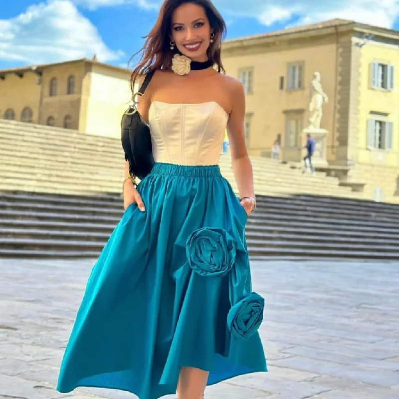 Asymmetric 3D Rosette Embellished High Waist Cotton Blend Gathered Midi Skirt seamless skirt comfort