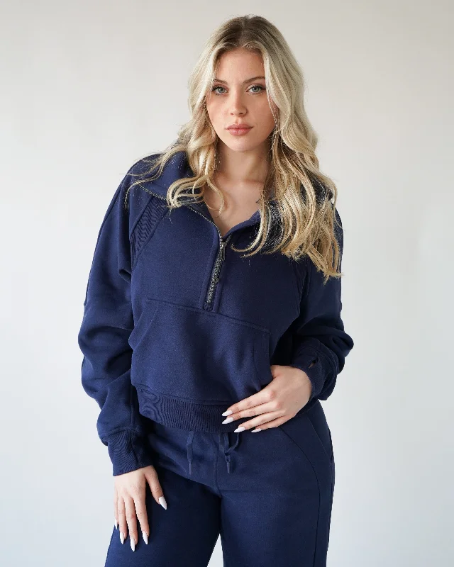 Lounge Half-Zip Sweatshirt - Navy Hoodie with Stripes Bold Sporty