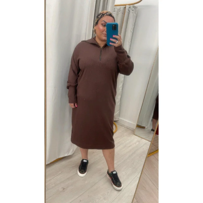 Half-Zip Ribbed Sweatshirt Dress, Cocoa Hoodie with Pocket Utility Practical