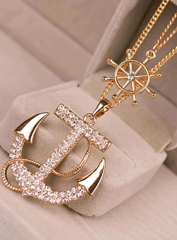 Rhinestone Anchor Rudder Pendant Long Chain Sweater Necklace Velvet Chenille Corduroy