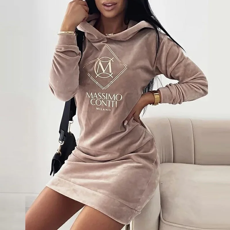 Wjczt Autumn Winter Loose Hooded Letter Sweatshirt Dress 2021 Women's Long-sleeve Velvet Hoodie Pullover Dress Fashion Hooded Dresses Hoodie with Hem Detail Decorative Unique