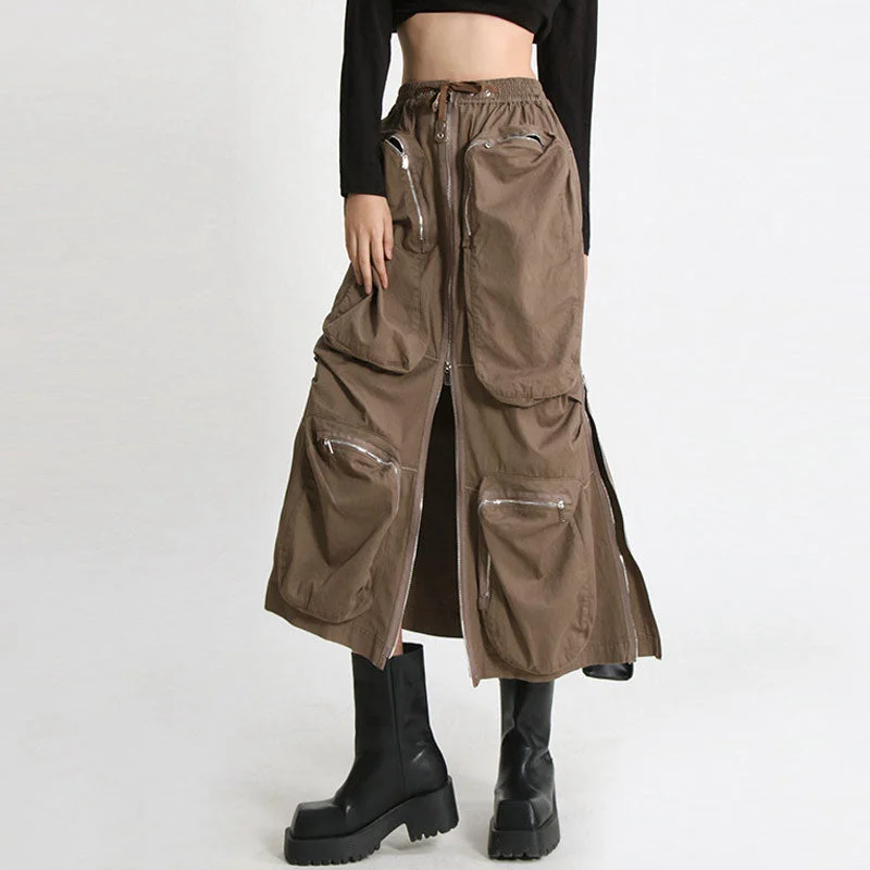 Cool High Rise Drawstring Front Zip Patch Pocket Cargo Midi Skirt - Coffee high slit skirt Cool High Rise Drawstring Front Zip Patch Pocket Cargo Midi Skirt - Coffee high slit skirt