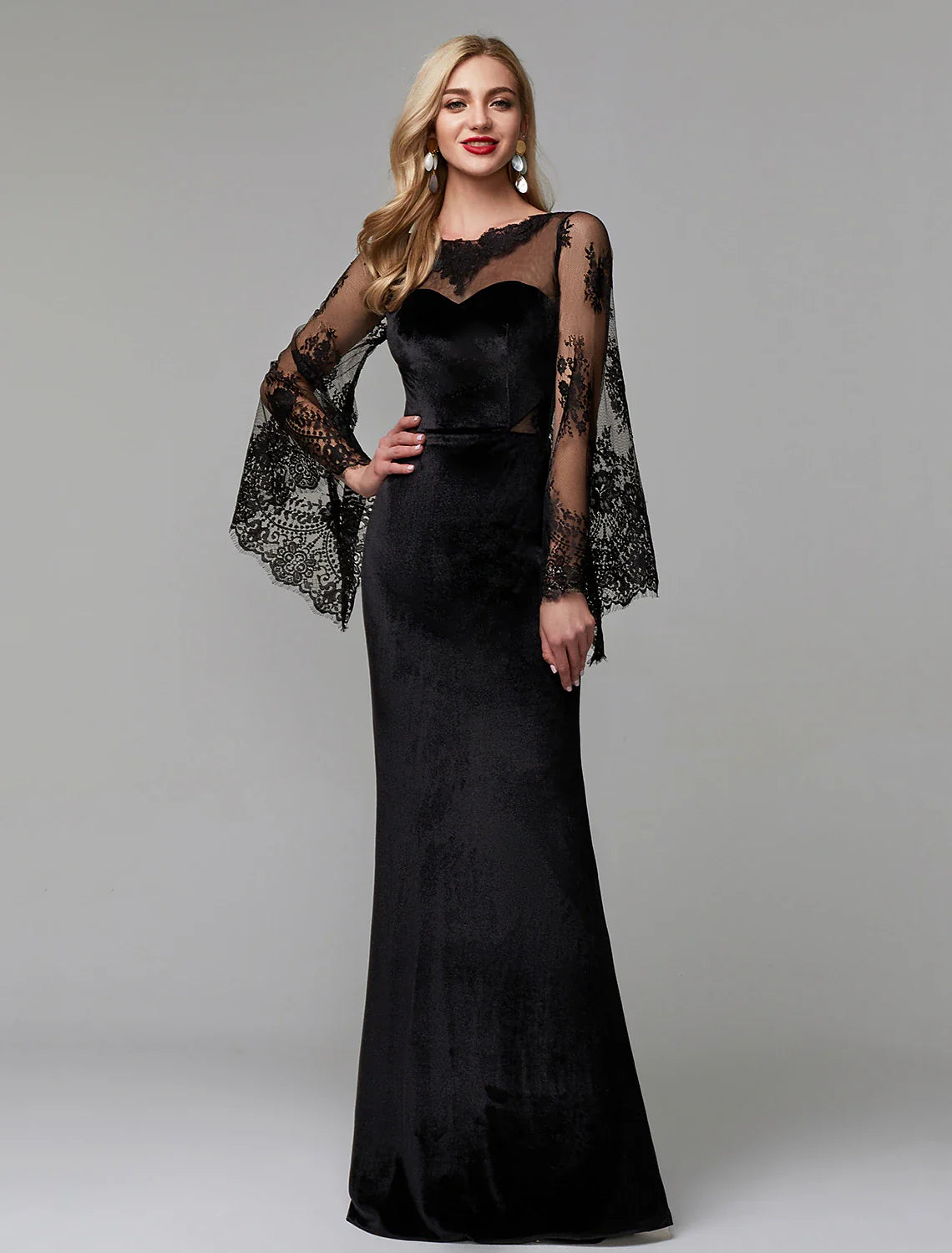 Sheath / Column Elegant Dress Wedding Guest Engagement Floor Length Long Sleeve Illusion Neck Lace with Lace Insert Tunics Business professional Sheath / Column Elegant Dress Wedding Guest Engagement Floor Length Long Sleeve Illusion Neck Lace with Lace Insert Tunics Business professional