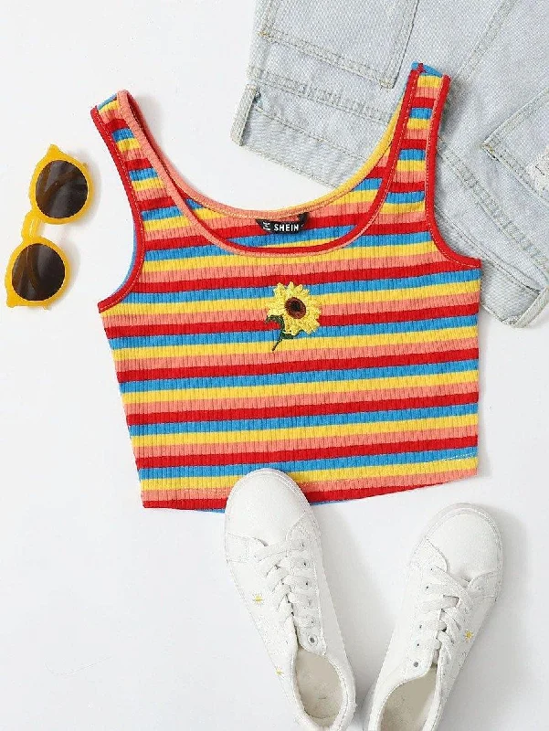 Sunflower Embroidered Rainbow Striped Rib-knit Tank Top mesh tank top