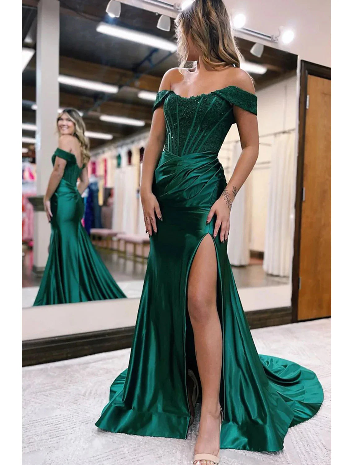 Mermaid / Trumpet Evening Gown Empire Dress Formal Wedding Guest Court Train Sleeveless Off Shoulder Imitation Silk with Slit Appliques Tunics Exclusive limited Mermaid / Trumpet Evening Gown Empire Dress Formal Wedding Guest Court Train Sleeveless Off Shoulder Imitation Silk with Slit Appliques Tunics Exclusive limited