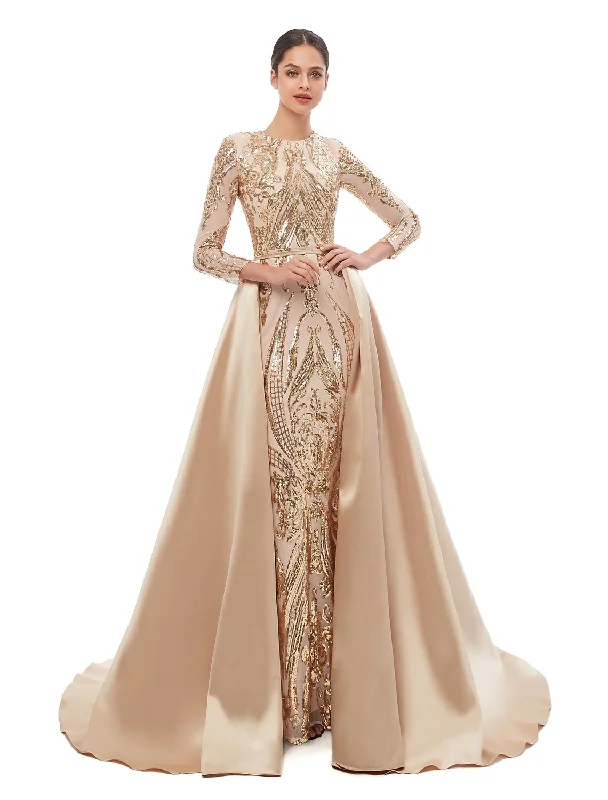 Mermaid / Trumpet Elegant Vintage Prom Formal Evening Dress Jewel Neck Long Sleeve Detachable Sequined with Sequin Tunics Chic elegant Mermaid / Trumpet Elegant Vintage Prom Formal Evening Dress Jewel Neck Long Sleeve Detachable Sequined with Sequin Tunics Chic elegant