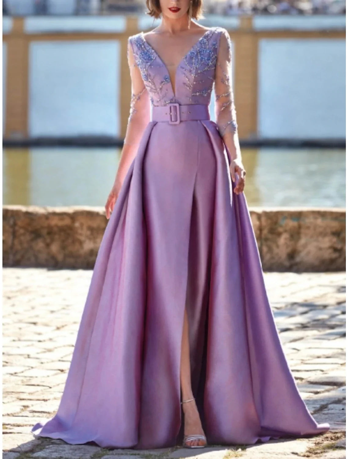 A-Line Evening Gown Elegant Dress Wedding Guest Sweep / Brush Train 3/4 Length Sleeve V Neck Satin with Pleats Sequin Slit Tunics Spring floral A-Line Evening Gown Elegant Dress Wedding Guest Sweep / Brush Train 3/4 Length Sleeve V Neck Satin with Pleats Sequin Slit Tunics Spring floral