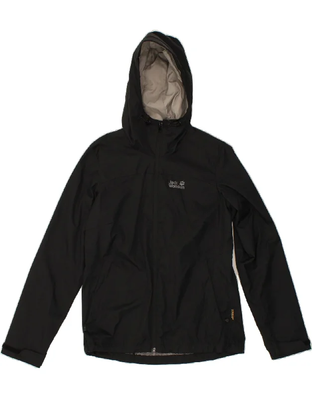 JACK WOLFSKIN Womens Hooded Rain Jacket UK 12/14 Medium Black Polyamide Striped Jacket Polka Dot Jacket Floral Jacket