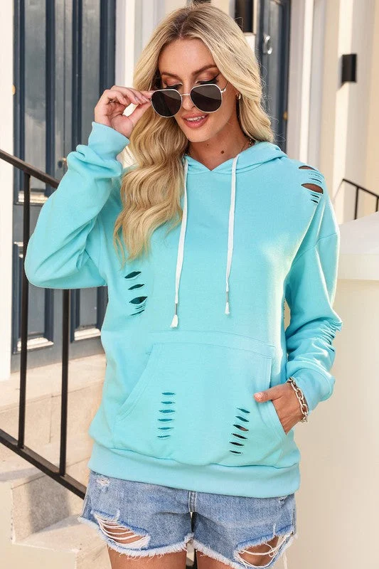 Distressed Hoodie - Turquoise Hoodie with High-Low Hem Asymmetrical Trendy