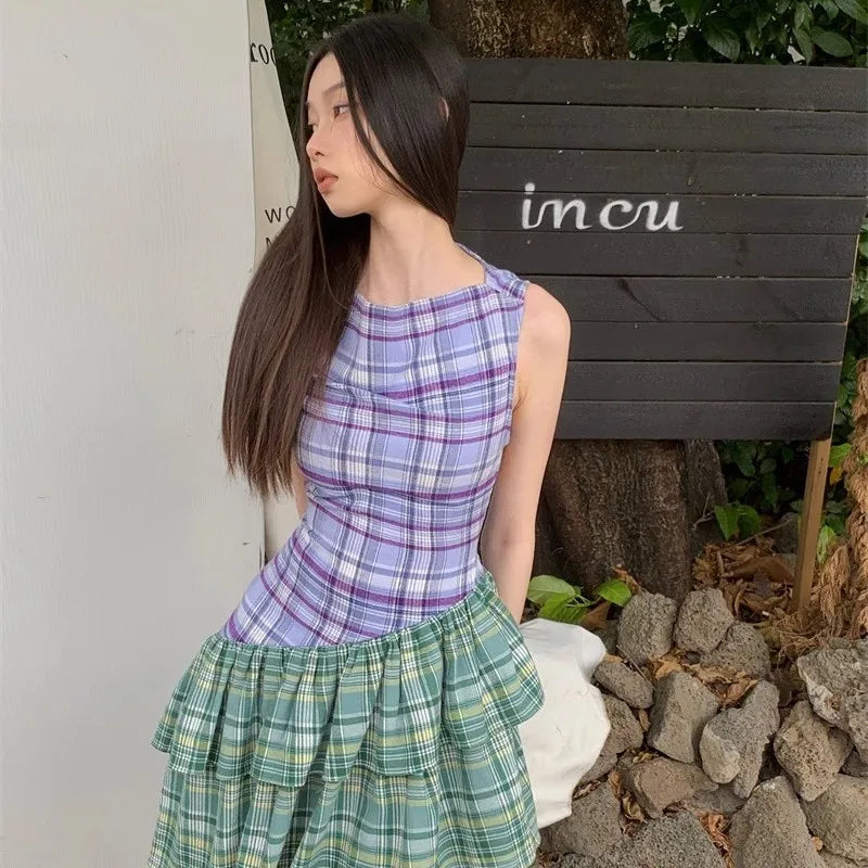 Advbridge Tank Top Plaid Dress for Women, Romantic and Retro Design, Unique and Unique for the Minority to Wear, Summer Contrast Co Co adorable tank top