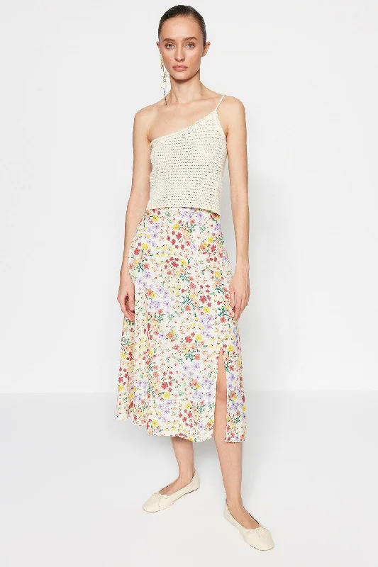 Ecru Midi Woven Slit Detailed Floral Patterned Skirt TWOSS20ET0230 mini skirt trendy Ecru Midi Woven Slit Detailed Floral Patterned Skirt TWOSS20ET0230 mini skirt trendy
