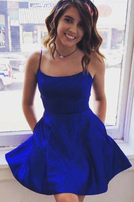 Simple Satin Royal Blue Short Homecoming Dresses With Pockets Tunics Sophisticated sleek Simple Satin Royal Blue Short Homecoming Dresses With Pockets Tunics Sophisticated sleek