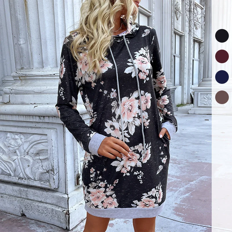 IKEARLAX New Cross-border 2025 fashion women's medium-length hoodie autumn and winter new printed hooded dress Hoodie with Puffed Sleeves Voluminous Trendy